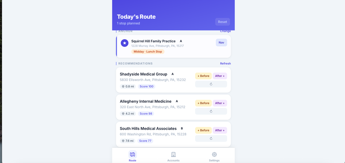 RepRoute route optimization for sales reps — adding stops and tapping the Optimize button
