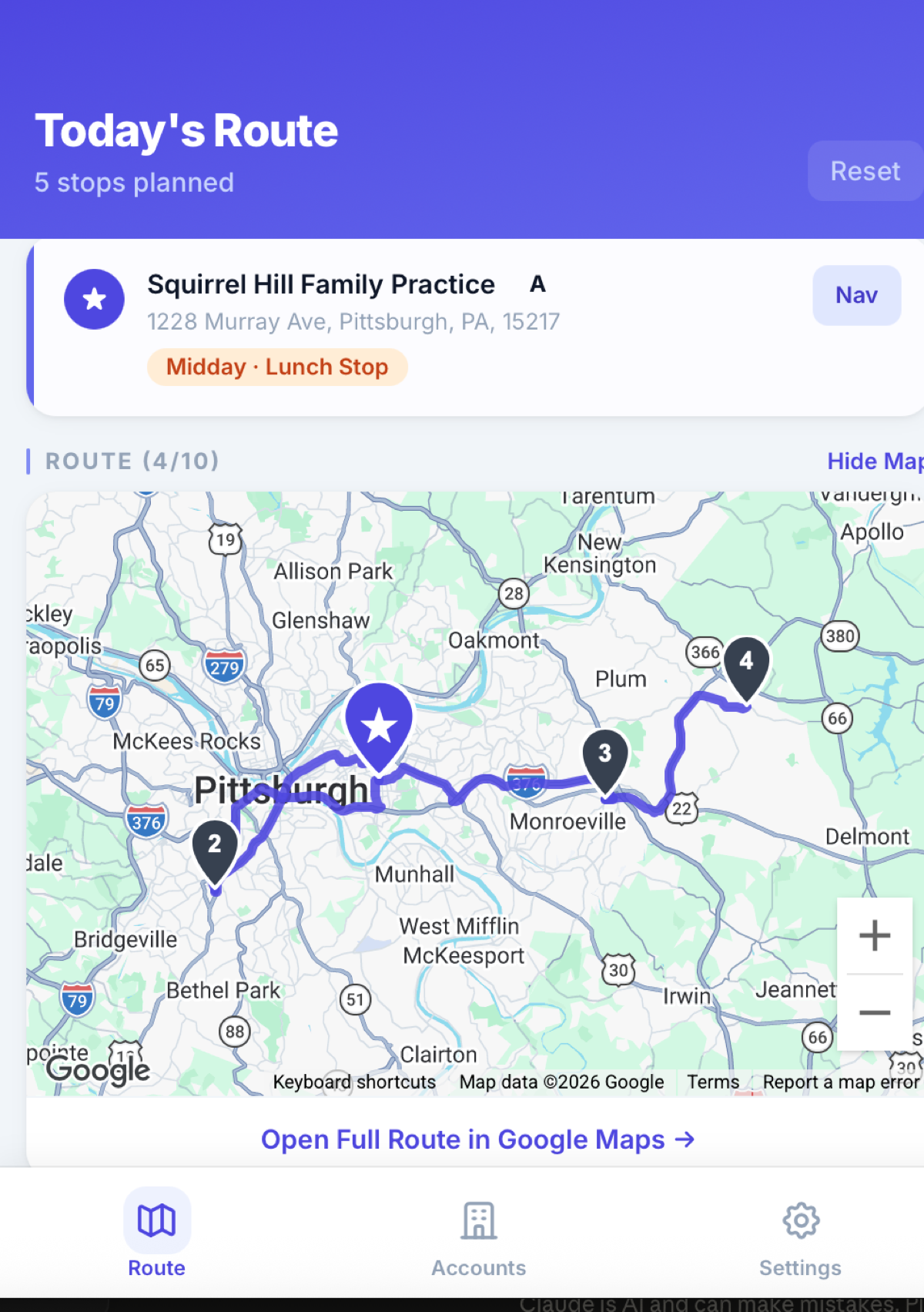 RepRoute optimized daily route shown on map for a field sales representative